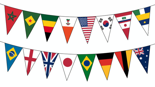 A string of pennant shaped flags representing various nations displayed against a white background pennants national country international banners festive