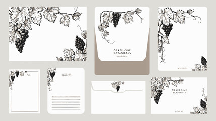 Grape vine botanicals illustration showcases detailed sketches of bunches of grapes and winding foliage viticulture botanical vineyard leaves fruit cluster © Digishopppp