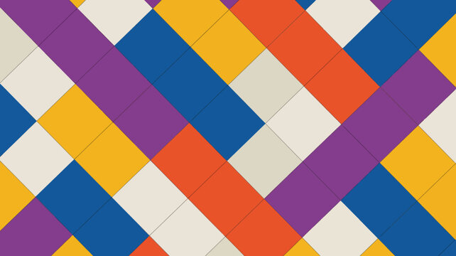 Geometric checkered pattern with intersecting rectangles in shades of blue orange purple and yellow abstract rectangle squares tiling interlocking shapes