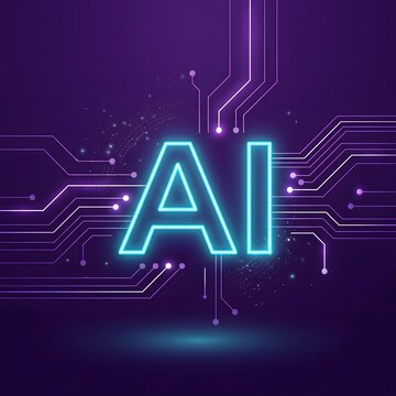 Artificial intelligence technology symbol with circuit board design elements  neon blue letters