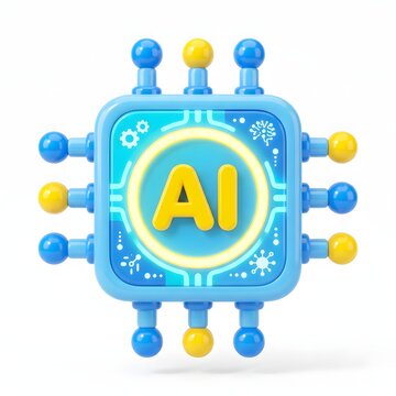 Blue and yellow artificial intelligence AI robot toy model on white background