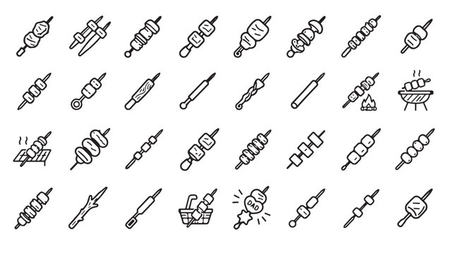 Barbecue skewers line icon set. Kebab stick, grilled food, meat skewer and picnic cooking outline vector illustrations. Signs for BBQ menu on white background.