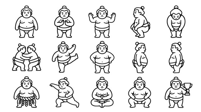 Sumo wrestler poses icon set