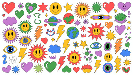 Collection of colorful vector illustrations featuring smiling suns hearts planets eyes and lightning bolts on a white background illustration vibrant © Digishopppp