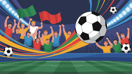 Naklejka premium Soccer stadium illustration depicts cheering fans a soccer ball and colorful dynamic light trails football spectators celebration sports game match