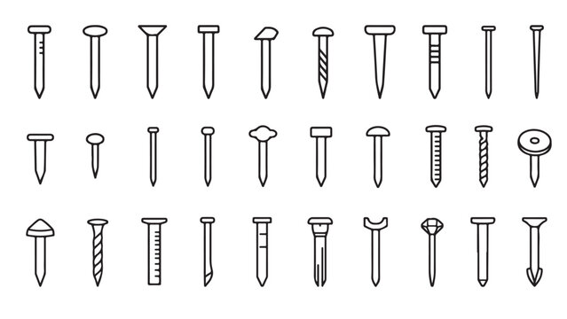 Nails hardware line icon set. Metal nail, roofing nail, pin, brad and construction fastener outline vector illustrations. Symbols for building on white background.