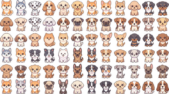 Cute Kawaii Chibi Puppy Dog Mega Collection Set with Various Breeds Sitting Isolated on White Background Vector Illustration