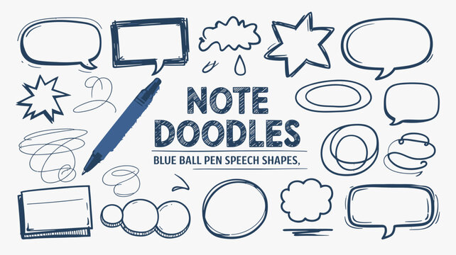 Hand drawn doodles and speech bubbles with a blue ballpoint pen on lined paper background sketch hand drawn doodle scribble bubble