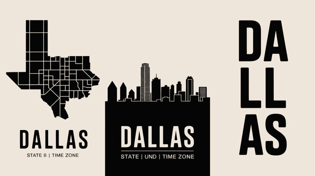 Dallas city skyline and texas state shape silhouettes with typography on a pale background cityscape silhouette urban geography location text