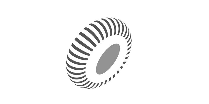 a minimalist, isometric graphic of a tire or wheel set against a solid black background, characterized by a ribbed tread pattern and a flat grey center hub.