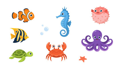 Fototapeta premium Colorful cartoon sea creatures swimming in a playful ocean setting Vector