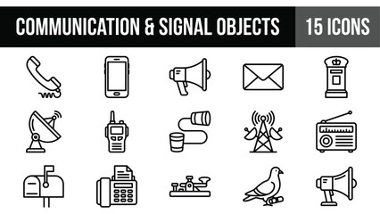 Communication and Signal Objects Icon Set: Telephone, Smartphone, Radio, Mailbox, Satellite Dish © @ahmedmaynul