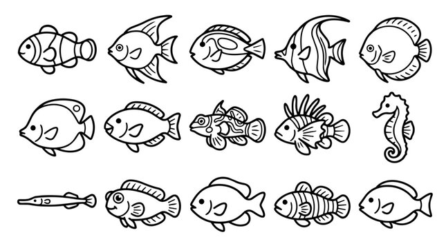 Cartoon sea creatures and fish icons set白の均一な背景に、黒の太いアウトラインのみで描かれた15種類の熱帯魚のイラスト。全て (1)