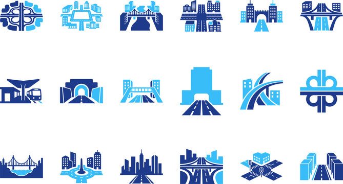 Modern city transportation infrastructure with bridges and buildings in shades of blue.