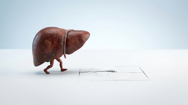 Liver anatomy organ model walking trap risk danger health liver anatomy organ model walking toward hidden trap on clean background, medical concept showing risk and danger for health, copy space
