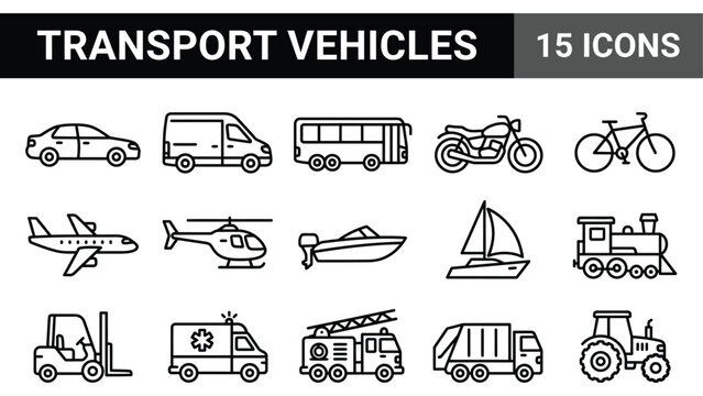 Set of 15 Transport Vehicle Icons: Car, Van, Bus, Motorcycle, Bicycle, Plane, Helicopter, Boat, Sailboat, Train, Forklift, Ambulance, Fire Truck, G...