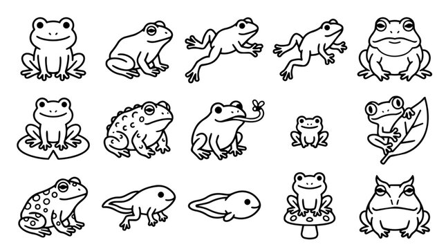 Set of cartoon frogs and tadpoles in various poses