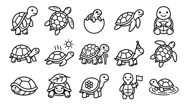 Diverse set of happy doodle turtles and tortoises