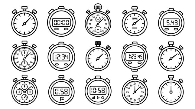 Set of line art stopwatch icons for time measurement