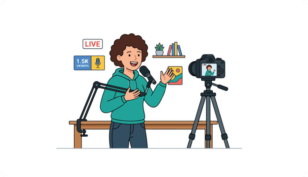 A person recording a live video or podcast with a professional camera and microphone setup.