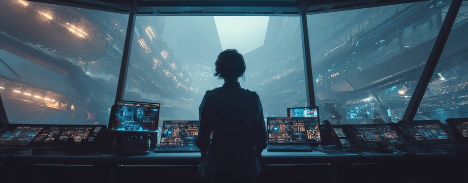 Female Data Analyst in a Futuristic Command Center, Observing a Vast Cyberpunk Cityscape. Sci-Fi Concept of Urban Management and Big Data Analytics.