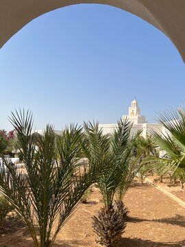 Framed view of a traditional white mosque tower through an archway, surrounded by palm trees in Ajim, Djerba, Tunisia. An atmospheric and authentic scene capturing the unique architecture.