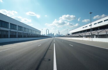 Obraz premium Empty asphalt race track with grandstands and city skyline in background. Modern speedway for pro car racing. Motorsport venue before event starts.