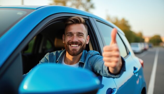 Man in blue car gives thumbs up. Happy guy holds thumb up looking out driver window. Smiling person drives new auto, enjoys ride. Positive gesture, success, approval.