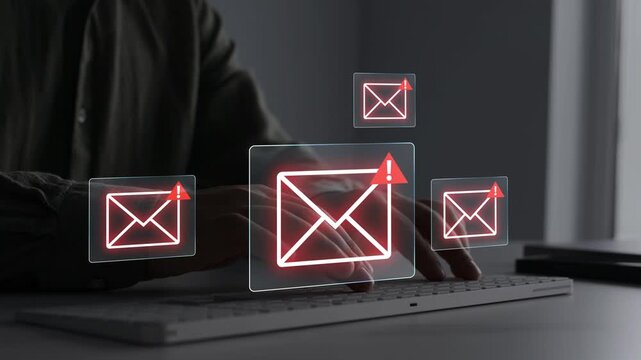 Mail security and virus spam alert in email. Fake text email scam.Scammers online.Cyber scam. Spam email message on digital screen.	
