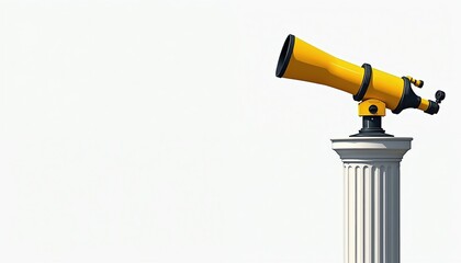Obraz premium Yellow telescope sits on classic white pedestal. Minimalist illustration shows instrument for viewing distant objects. Symbolizes discovery exploration and research for science and education.