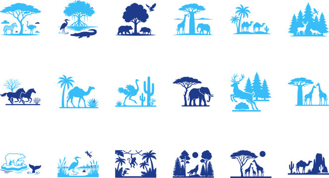 Set of African savanna animals and trees icons depicting wildlife and nature scenes.