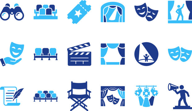 Collection of theater and performance related icons binoculars tickets stage masks director chair spotlights and script writing.