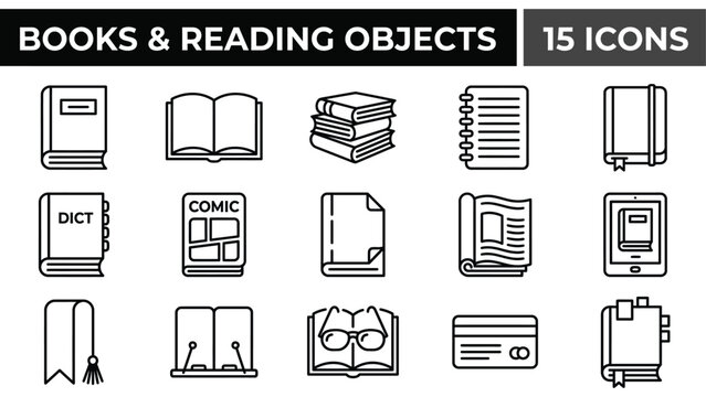 Collection of Books and Reading Objects Icons Set