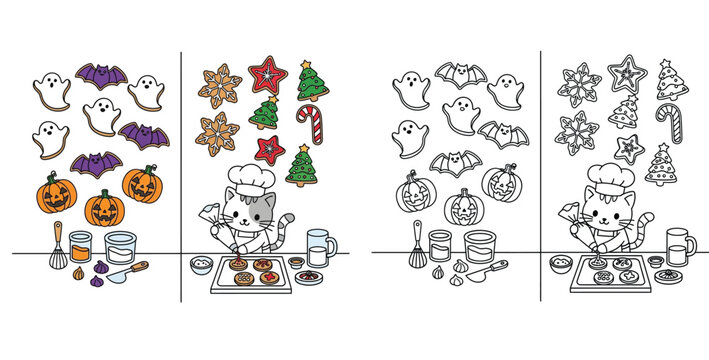 Cute Cat Chef Baking Holiday and Halloween Treats - Festive Cookie Illustration