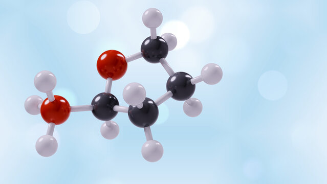 2-Methyltetrahydrofuran, 2-MeTHF molecule. Bio-based green solvent in organic synthesis and industrial applications. Molecular model. 3D rendering