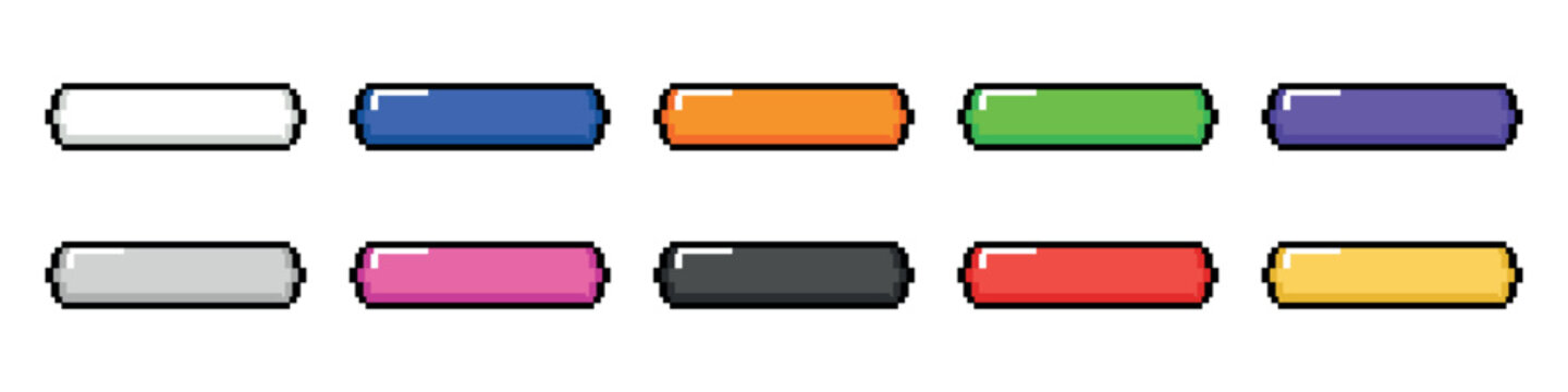 Pixel art button set. Bright elements in the style of 8-bit video games. User interface resources