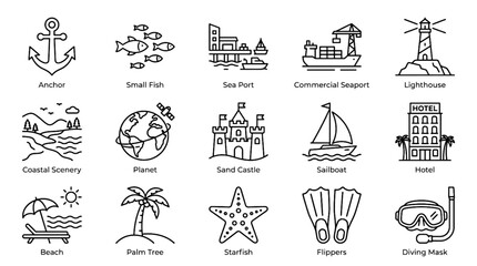 Thin line coastal and beach icon set featuring maritime travel and seaside symbols © MstJoynobAkhtar