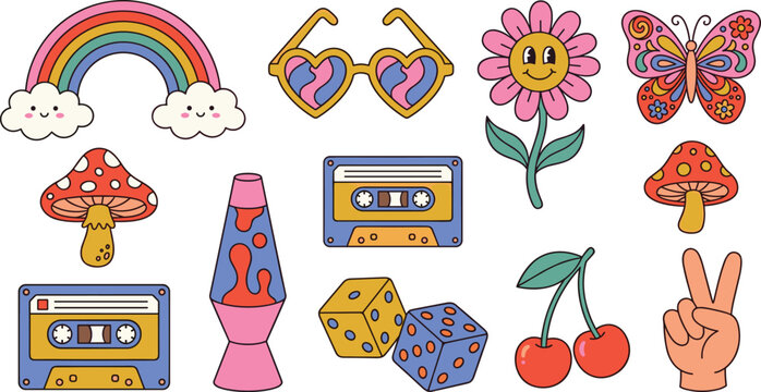 Retro Groovy 70s Hippie Sticker Set with Rainbow Mushroom Cassette Flower Butterfly Lava Lamp and Cherry Vector Illustration