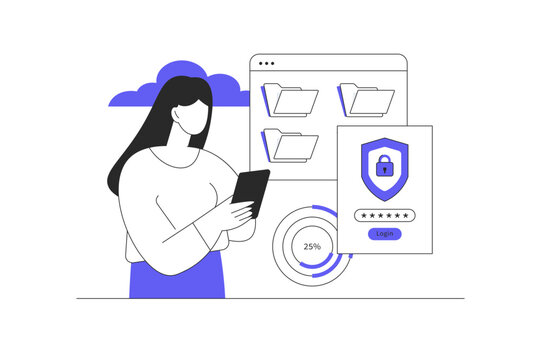 Cloud Database Cybersecurity and Digital Services Protect System. Female Character Using Smartphone near Locked Shield Login Interface and Data Folders. Flat Cartoon Vector Illustration, icon Stylish 