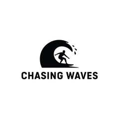 Fototapeta premium Surfer Silhouette With Wave Black And White Graphic Design