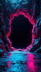 Fototapeta premium Cave tunnel with glowing pink and blue neon lights. Dark portal or entrance to another dimension. Futuristic underground passage with wet floor reflects.