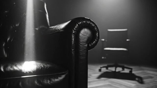 Dramatic film noir style scene featuring a black leather armchair and office chair in a dark room with a spotlight