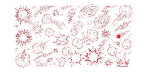 Set of hand drawn comic book explosion and action effects with red accents © md