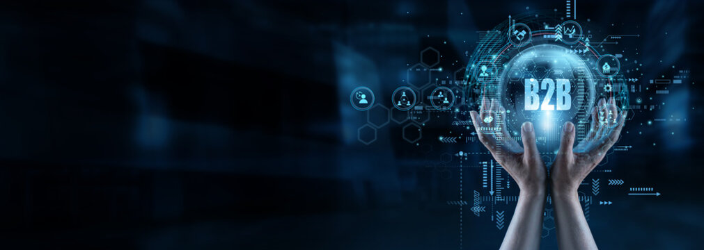 Corporate executive and buyer holding hands across B2B Business trading network channels to finalize large deals. Trusted commercial partnerships reliably drive mutual company growth forward.
