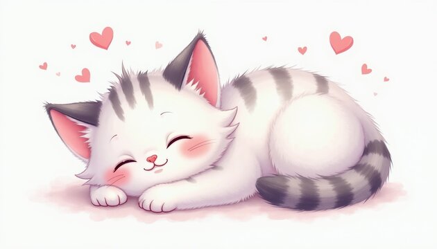 Cute anime kitten slepic peacefully surrounded by hearts. Fluffy white cat with grey stripes rests in watercolor style. Kawaii animal illustration conveys love, comfort. Perfect for pet lovers