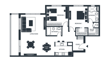 Fototapeta premium Detailed top view floor plan vector illustration showcasing a modern two bedroom apartment layout design