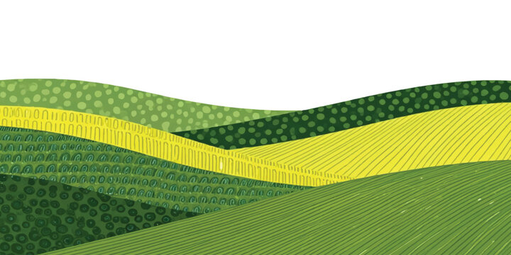 Abstract layered rolling hills landscape illustration with green and yellow field stripes