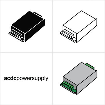 Isometric ac dc power supply module icon set with silhouette linear and colored engineering graphics.
