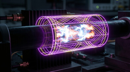 Obraz premium Macro of a dark metal tube containing glowing plasma wrapped in a neon magenta and yellow cylindrical wireframe