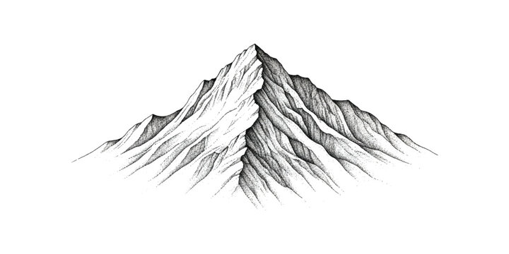 Hand drawn ink sketch of a tall mountain peak with rocky textures